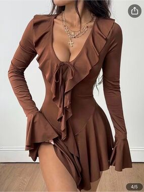 Brown Ruffle Tie-Front Long Sleeve Dress